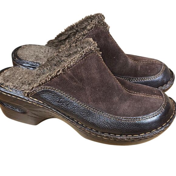 Born BOC Sz 7 Brown Suede  and Leather Faux Fur Slip on Clog Comfort Mule - Picture 1 of 7